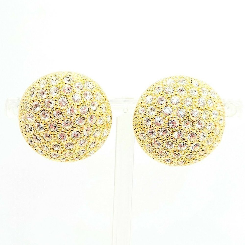Pave Set Crystal & Gold Tone Clip On Button Earrings Very Sparkly "Video Clip"